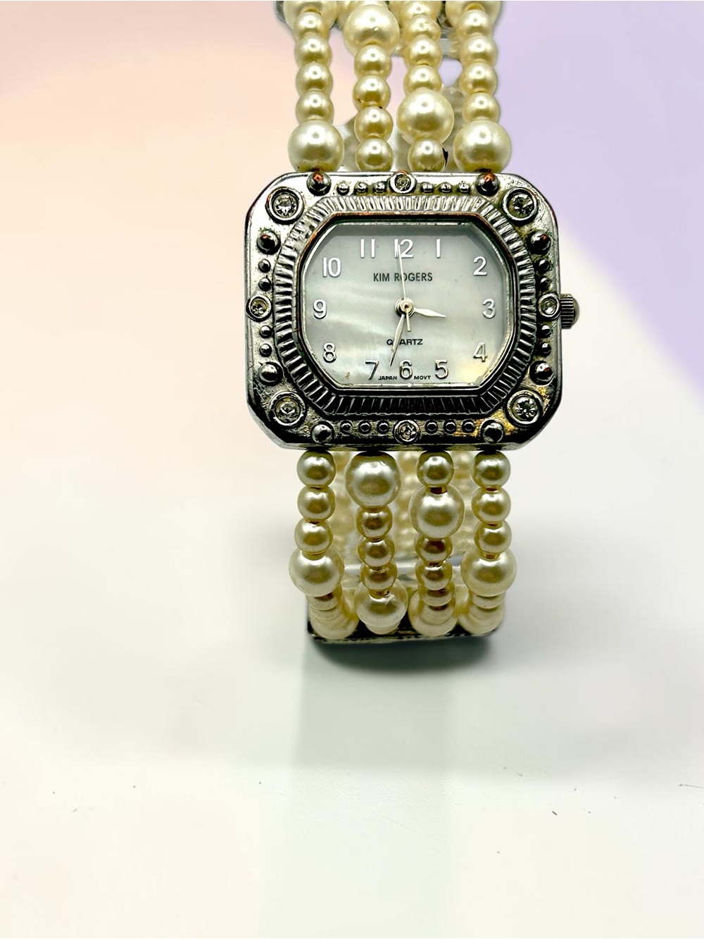 Kim Rogers Pearl Rhinestone Bangle Watch Women Silver Tone Multi Strand Runs